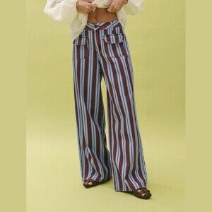 Blue Brown Striped High Waist Wide Leg Denim Jeans